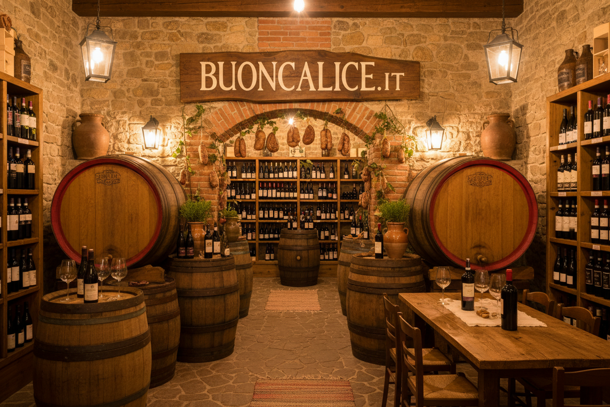 IMMAGINE DI INTERNO BOTTEGA DI PROVINCIA CON LA INSEGNA BUONCALICE.IT CON TANTI BOTTI DI VINO 